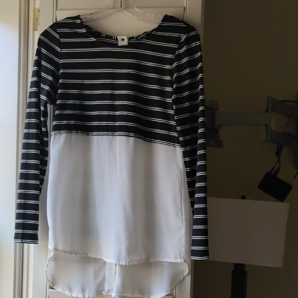 Black and White Striped Long Sleeve Shirt. Sheer White. Button Down Open Back.